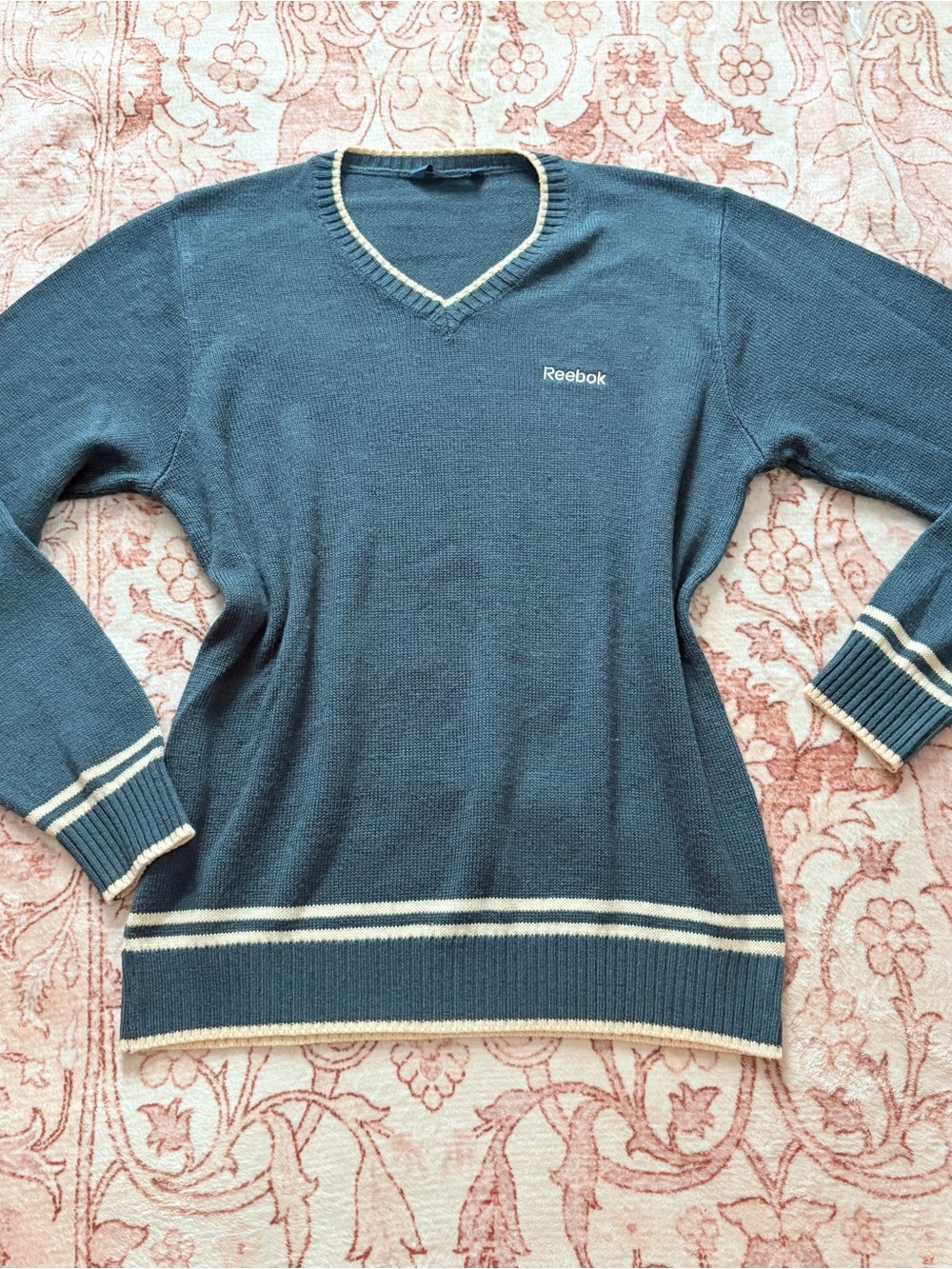 Reebok Teal Blue V-Neck Sweater with Cream Contrast Trim